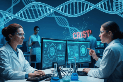 A dramatic scene in a modern biotechnology lab shows concerned scientists monitoring data screens, amid a backdrop of holographic DNA strands, symbolizing the crisis at a company faced with data breaches, emphasizing themes of trust and integrity in genetic testing. No texts on scene. Keywords: photorealistic style, high resolution, 4k details, HDR, cinematic lighting, professional photography, studio lighting, vibrant colors.