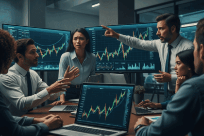 A dramatic and impactful visual scene depicting a modern corporate office environment in turmoil, with concerned employees discussing challenges, financial charts displayed on screens, and a sense of urgency in the air. no texts on scene. photorealistic style, high resolution, 4k details, HDR, cinematic lighting, professional photography, studio lighting, vibrant colors.