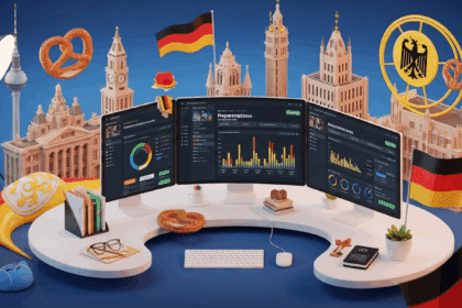A focused scene depicting a digital marketing campaign centered around repatriation in Germany, with visual elements representing technology, data analytics, and cultural symbols. No texts on scene. Photorealistic style, high resolution, 4k details, HDR, cinematic lighting, professional photography, studio lighting, vibrant colors.