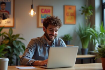 A young entrepreneur working on a laptop in a bright, modern co-working space, surrounded by plants and motivational posters, with a coffee cup nearby, photorealistic, 4K, HDR, cinematic lighting, ultra detailed, award-winning photography, studio shot, vibrant colors.