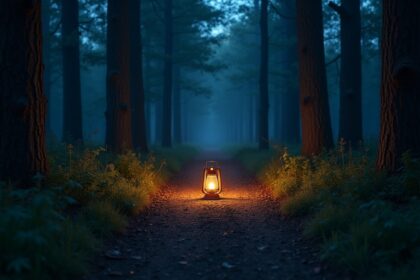A solitary lantern illuminating a dark forest path at dusk, surrounded by towering trees and creeping shadows, photorealistic, 4K, HDR, cinematic lighting, ultra detailed, award-winning photography, vibrant colors.