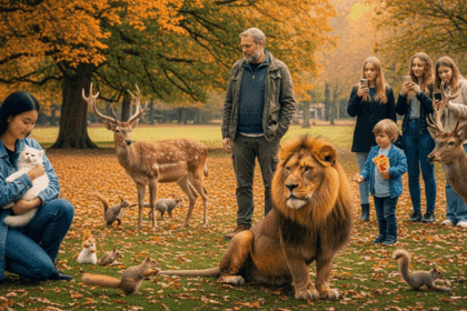 A serene park scene depicting several people interacting with animals, where some exhibit deep affection and care while others remain aloof and indifferent, capturing the contrasting emotions and connections with wildlife. no texts on scene. Photorealistic style, high resolution, 4k details, HDR, cinematic lighting, professional photography, studio lighting, vibrant colors.