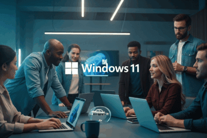 A vibrant technology scene showcasing a diverse group of professionals eagerly discussing and anticipating the upcoming Windows 11 recall, with modern laptops and digital devices surrounding them, highlighting their excitement and engagement in a sleek, futuristic office space. no texts on scene. Keywords: photorealistic style, high resolution, 4k details, HDR, cinematic lighting, professional photography, studio lighting, vibrant colors.