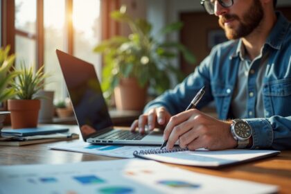 A vendor reviewing product evaluation requests at a well-organized desk with a laptop and notepad, surrounded by product samples and documents, natural light flowing through a window, photorealistic, 4K, HDR, cinematic lighting, ultra detailed, award-winning photography, studio shot, vibrant colors.