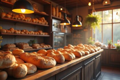 A cozy small bakery with freshly baked bread and pastries, sunlight streaming through the window, warm wooden decor, and a welcoming atmosphere, photorealistic, 4K, HDR, cinematic lighting, ultra detailed, award-winning photography, studio shot, vibrant colors.