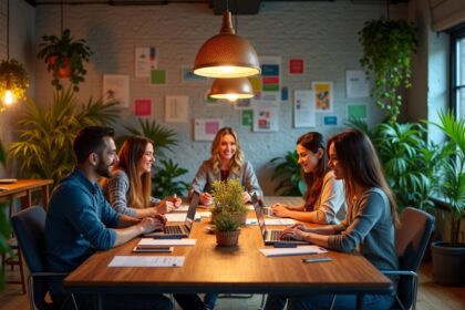A cozy office environment with team members collaborating around a large wooden table, colorful plants in the background, and motivational posters on the walls, captured in photorealistic detail, 4K, HDR, cinematic lighting, ultra detailed, award-winning photography, studio shot, vibrant colors.