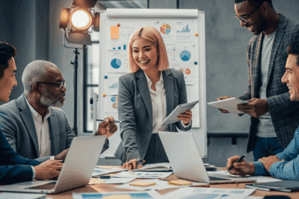 A dynamic scene depicting a diverse group of entrepreneurs engaged in a collaborative brainstorming session, surrounded by charts and innovative technology that illustrate the impact of their individual profiles on business success. no texts on scene. Keywords: photorealistic style, high resolution, 4k details, HDR, cinematic lighting, professional photography, studio lighting, vibrant colors.