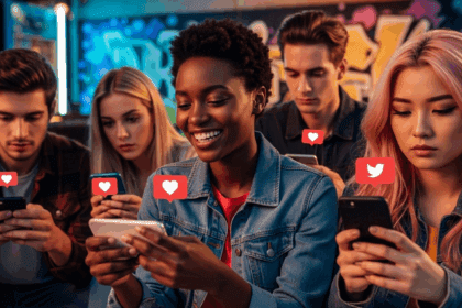 A dynamic scene depicting a group of diverse Gen Z individuals engaging with their smartphones, showing a spectrum of emotions influenced by social media likes, surrounded by vibrant urban street art. no texts on scene. Photorealistic style, high resolution, 4k details, HDR, cinematic lighting, professional photography, studio lighting, vibrant colors.
