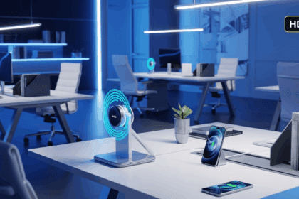 A modern workspace featuring innovative Intel technology for mobile device charging, with futuristic gadgets and an ambient atmosphere showcasing advanced energy solutions. no texts on scene. photorealistic style, high resolution, 4k details, HDR, cinematic lighting, professional photography, studio lighting, vibrant colors.