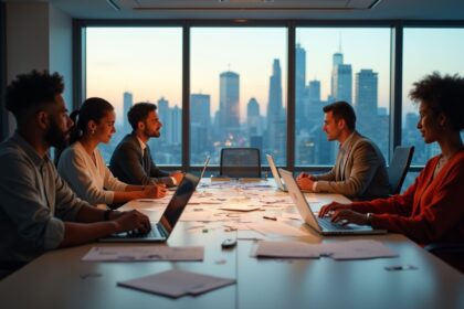 A professional office setting with a diverse team collaborating around a conference table, laptops open, and notes scattered, with a large window showcasing a modern city skyline in the background, photorealistic, 4K, HDR, cinematic lighting, ultra detailed, award-winning photography, studio shot, vibrant colors.