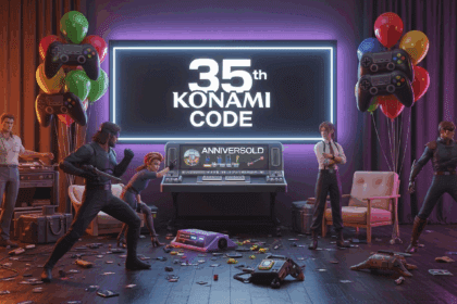 A scene depicting a vibrant celebration of the 35th anniversary of the Konami Code, with retro gaming elements, balloons shaped like game controllers, and a festive atmosphere showcasing iconic gaming characters. No texts on scene. Keywords: photorealistic style, high resolution, 4k details, HDR, cinematic lighting, professional photography, studio lighting, vibrant colors.