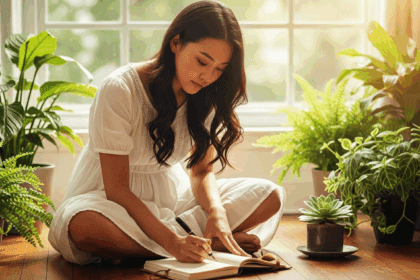 A person sitting cross-legged on a wooden floor, journaling with a pen and an open notebook, surrounded by plants and soft sunlight streaming through a window, creating a calm and introspective atmosphere, photorealistic, 4K, HDR, cinematic lighting, ultra detailed, award-winning photography, studio shot, vibrant colors.