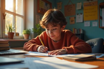 A student filling out an application form at a desk, surrounded by study materials and a laptop, with a focused expression and warm light coming from a nearby window, photorealistic, 4K, HDR, cinematic lighting, ultra detailed, award-winning photography, studio shot, vibrant colors.