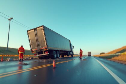 A scene of a flipped truck on a highway with emergency responders attending to the accident, surrounded by caution tape and debris, under a clear blue sky. Photorealistic, 4K, HDR, cinematic lighting, ultra detailed, award-winning photography, studio shot, vibrant colors.