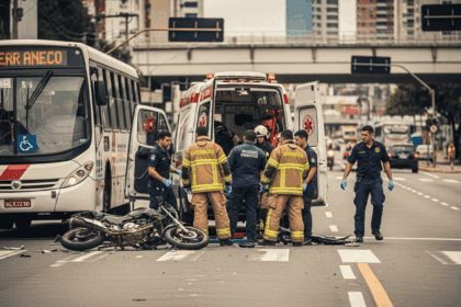 A somber scene of a motorcycle accident on a busy street in Belo Horizonte, showing a damaged motorcycle and a bus nearby, with emergency responders attending to the site, under a cloudy sky, photorealistic, 4K, HDR, cinematic lighting, ultra detailed, award-winning photography, vibrant colors.