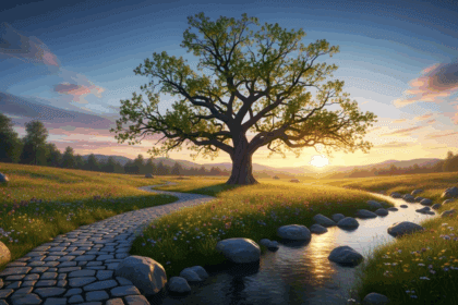 A serene and inspiring landscape featuring a strong tree symbolizing principles and values, surrounded by a tranquil setting with subtle elements representing integrity and strength, evoking a sense of belief and resilience. No texts on scene. Keywords: photorealistic style, high resolution, 4k details, HDR, cinematic lighting, professional photography, studio lighting, vibrant colors.