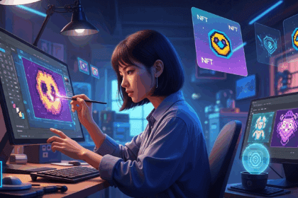 A dynamic digital artwork depicting Adobe Photoshop as a powerful ally, showcasing various NFT artworks being refined and protected against fraud through advanced editing tools, set in a futuristic, tech-savvy workspace. no texts on scene. photorealistic style, high resolution, 4k details, HDR, cinematic lighting, professional photography, studio lighting, vibrant colors.