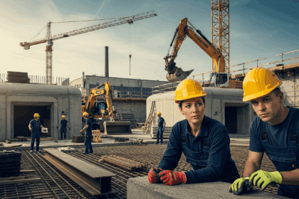 A dramatic scene depicting workers in hard hats actively constructing modern bunkers amidst a backdrop of an industrial city, symbolizing Germany's urgent response to security threats, with heavy machinery and construction materials scattered around. No texts on scene. Keywords: photorealistic style, high resolution, 4k details, HDR, cinematic lighting, professional photography, studio lighting, vibrant colors.
