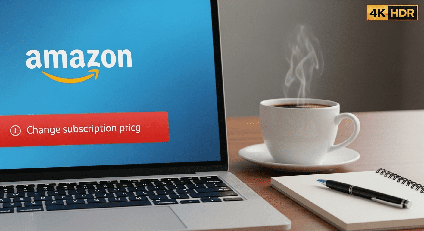 A close-up shot of a laptop screen displaying the Amazon Prime logo with a notification about subscription price change, on a wooden desk with a coffee cup and notepad nearby, photorealistic, 4K, HDR, ultra detailed, studio shot, vibrant colors.