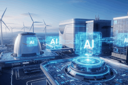 A dynamic scene depicting a futuristic Amazon facility with wind turbines and nuclear reactors powering advanced AI technologies, showcasing an innovative blend of energy sources and artificial intelligence in action. No texts on scene. keywords: photorealistic style, high resolution, 4k details, HDR, cinematic lighting, professional photography, studio lighting, vibrant colors.