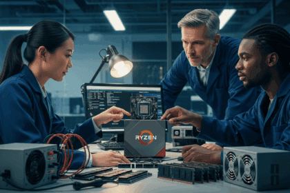 A detailed visual representation of a modern technology lab where engineers are analyzing a Ryzen 7 9800X3D CPU, surrounded by memory modules and advanced diagnostics equipment, emphasizing the theme of hardware compatibility challenges. No texts on scene. Photorealistic style, high resolution, 4k details, HDR, cinematic lighting, professional photography, studio lighting, vibrant colors.