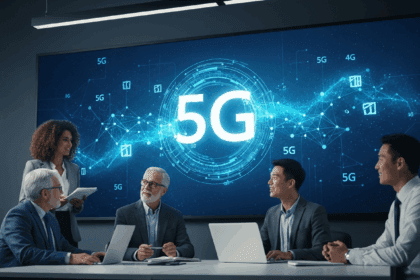 A modern office setting with professionals engaged in a discussion around a large screen displaying dynamic 5G technology graphics, highlighting innovative connections and data flow. No texts on scene. Keywords: photorealistic style, high resolution, 4k details, HDR, cinematic lighting, professional photography, studio lighting, vibrant colors.