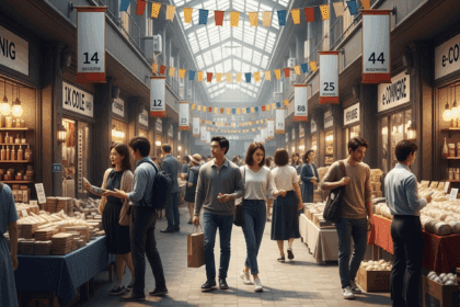 A busy street market with various storefronts showcasing popular e-commerce platforms, colorful banners hanging, and shoppers browsing around, photorealistic, 4K, HDR, cinematic lighting, ultra detailed, award-winning photography, studio shot, vibrant colors.