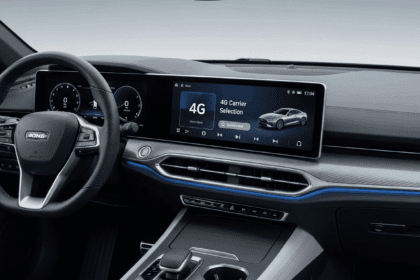 A modern car interior showcases a high-tech dashboard with a digital display highlighting the option to select a 4G carrier, surrounded by sleek, futuristic design elements and soft ambient lighting. no texts on scene. photorealistic style, high resolution, 4k details, HDR, cinematic lighting, professional photography, studio lighting, vibrant colors.