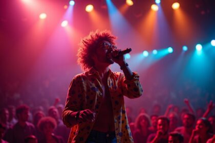 A vibrant Brazilian singer performing energetically on stage with colorful lights and a dynamic audience in the background, photorealistic, 4K, HDR, cinematic lighting, ultra detailed, award-winning photography, studio shot, vibrant colors.
