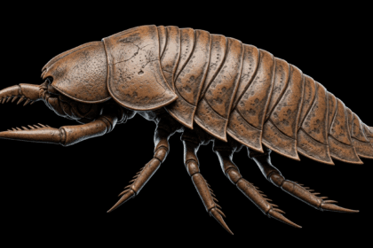 A highly detailed fossil of Arthropleura displayed against a dark background, showcasing its segmented body and texture in vivid detail. Photorealistic, 4K, HDR, cinematic lighting, ultra detailed, award-winning photography, studio shot, vibrant colors.
