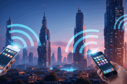 A modern, high-tech scene depicting a futuristic urban skyline with satellite signals emanating from sleek iPhones, showcasing innovative technology in a vibrant atmosphere. no texts on scene. Keywords: photorealistic style, high resolution, 4k details, HDR, cinematic lighting, professional photography, studio lighting, vibrant colors.
