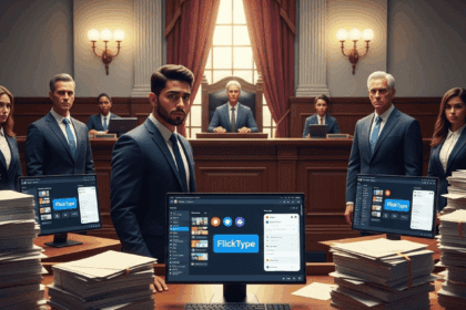 A tense courtroom scene depicts a high-stakes legal battle where a developer stands firm against a corporate giant, surrounded by legal documents and digital screens showcasing the app FlickType. No texts on scene. Keywords: photorealistic style, high resolution, 4k details, HDR, cinematic lighting, professional photography, studio lighting, vibrant colors.