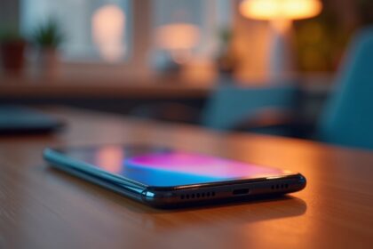A close-up of a sleek smartphone on a wooden table with a soft-focus background of an office environment, showcasing its modern design and vibrant screen, photorealistic, 4K, HDR, cinematic lighting, ultra detailed, award-winning photography, studio shot, vibrant colors.