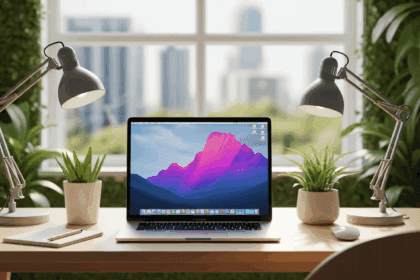 A serene workspace featuring an elegant modern MacBook, surrounded by lush greenery and soft natural light, emphasizing innovation and technology in a professional setting. no texts on scene. Keywords: photorealistic style, high resolution, 4k details, HDR, cinematic lighting, professional photography, studio lighting, vibrant colors.