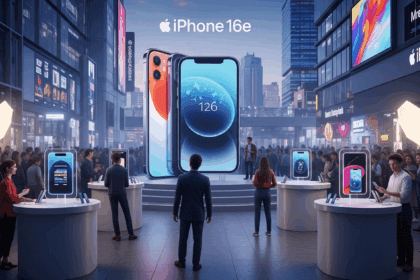 A dynamic, modern scene depicting a leading tech company unveiling the iPhone 16e in a bustling urban environment, showcasing excited customers and vivid product displays with advanced technology elements. no texts on scene. photorealistic style, high resolution, 4k details, HDR, cinematic lighting, professional photography, studio lighting, vibrant colors.
