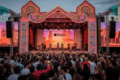 A vibrant launch event scene showcasing a bustling crowd celebrating Apple Music's debut in Brazil, with musicians performing and colorful decorations, set against a backdrop of iconic Brazilian landmarks. no texts on scene. Photorealistic style, high resolution, 4k details, HDR, cinematic lighting, professional photography, studio lighting, vibrant colors.