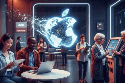A visually striking scene depicting a contemporary digital marketplace with an illustration of the Apple logo being transformed into a globe, symbolizing the abolishment of regional restrictions in the European Union, with people from diverse backgrounds engaging with technology. No texts on scene. Keywords: photorealistic style, high resolution, 4k details, HDR, cinematic lighting, professional photography, studio lighting, vibrant colors.