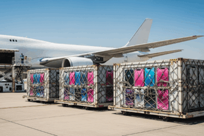 A dynamic cargo transport scene showcasing large shipping containers filled with iPhones being loaded onto a modern cargo plane at a bustling airport environment, with a backdrop of clear blue skies and industrial activity. no texts on scene. photorealistic style, high resolution, 4k details, HDR, cinematic lighting, professional photography, studio lighting, vibrant colors.