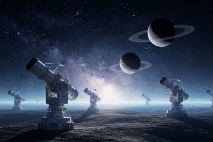 A breathtaking cosmic landscape featuring telescopes observing distant exoplanets, illuminated by vibrant starlight, hinting at the possibility of extraterrestrial life. no texts on scene. Photorealistic style, high resolution, 4k details, HDR, cinematic lighting, professional photography, studio lighting, vibrant colors.