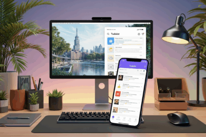A bustling modern workspace showcases a smartphone displaying the Todoist app, surrounded by productivity tools and vibrant plant life, emphasizing an atmosphere of efficient multitasking and organization. No texts on scene. Keywords: photorealistic style, high resolution, 4k details, HDR, cinematic lighting, professional photography, studio lighting, vibrant colors.