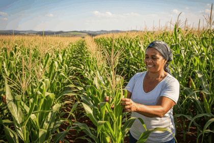 A tranquil agricultural landscape in São Paulo showing lush, green fields with ripe crops and a farmer inspecting the harvest under bright sunlight, photorealistic, 4K, HDR, cinematic lighting, ultra detailed, award-winning photography, vibrant colors.