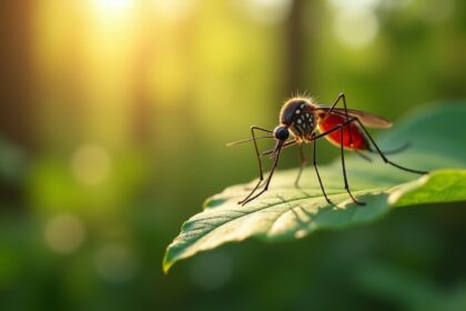 A close-up of a mosquito resting on a green leaf in a sunlit forest, with a blurred background of nature, showcasing the potential spread of diseases, photorealistic, 4K, HDR, cinematic lighting, ultra detailed, award-winning photography, vibrant colors.
