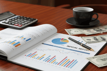A close-up shot of a financial report with graphs and dollar bills scattered on a wooden desk, showcasing the impact of inflation with a calculator and a coffee cup in the background, photorealistic, 4K, HDR, ultra detailed, vibrant colors.