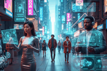 A vibrant, futuristic cityscape showcasing advanced AI technology, with holographic interfaces and diverse characters interacting seamlessly with intelligent machines, reflecting a new era of communication and vision in artificial intelligence. no texts on scene, photorealistic style, high resolution, 4k details, HDR, cinematic lighting, professional photography, studio lighting, vibrant colors.