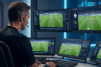 A close-up shot of a modern arbitration room featuring high-tech screens displaying match statistics and Video Assistant Referee (VAR) technology during a soccer match, with a focus on a referee reviewing footage, detailed control room equipment, photorealistic, 4K, HDR, cinematic lighting, ultra detailed, award-winning photography, studio shot, vibrant colors.
