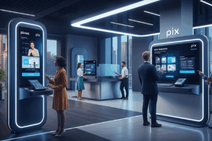 A futuristic bank scene depicting a modern, tech-savvy financial hub where customers enthusiastically engage with interactive screens showcasing the features of the newly announced Pix installment payment system, with sleek design elements and advanced technology in a vibrant urban setting. No texts on scene. Keywords: photorealistic style, high resolution, 4k details, HDR, cinematic lighting, professional photography, studio lighting, vibrant colors.