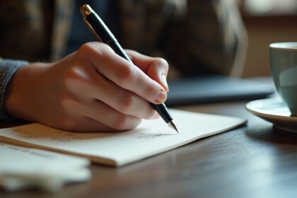 A close-up shot of a hand writing in a notebook with a fountain pen, surrounded by scattered notes and a cup of coffee on a wooden desk, photorealistic, 4K, HDR, cinematic lighting, ultra detailed, award-winning photography, studio shot, vibrant colors.