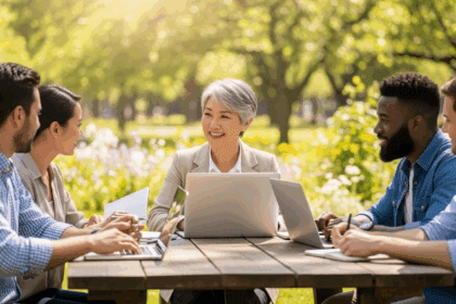 A team sitting around a wooden table in a sunlit park, surrounded by lush green trees and cheerful flowers, discussing ideas with laptops and notebooks, in a collaborative atmosphere. photorealistic, 4K, HDR, cinematic lighting, ultra detailed, award-winning photography, studio shot, vibrant colors.