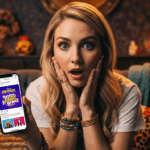 A close-up of a young woman with a surprised expression, sitting on a cozy sofa, holding a smartphone displaying a vibrant social media post, surrounded by soft lighting and colorful decorations. Photorealistic, 4K, HDR, cinematic lighting, ultra detailed, award-winning photography, studio shot, vibrant colors.