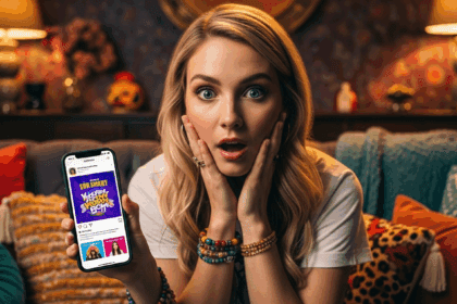 A close-up of a young woman with a surprised expression, sitting on a cozy sofa, holding a smartphone displaying a vibrant social media post, surrounded by soft lighting and colorful decorations. Photorealistic, 4K, HDR, cinematic lighting, ultra detailed, award-winning photography, studio shot, vibrant colors.